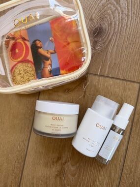 NEW OUAI St. Barts Travel Skincare Set in Cream, White & Clear Pouch